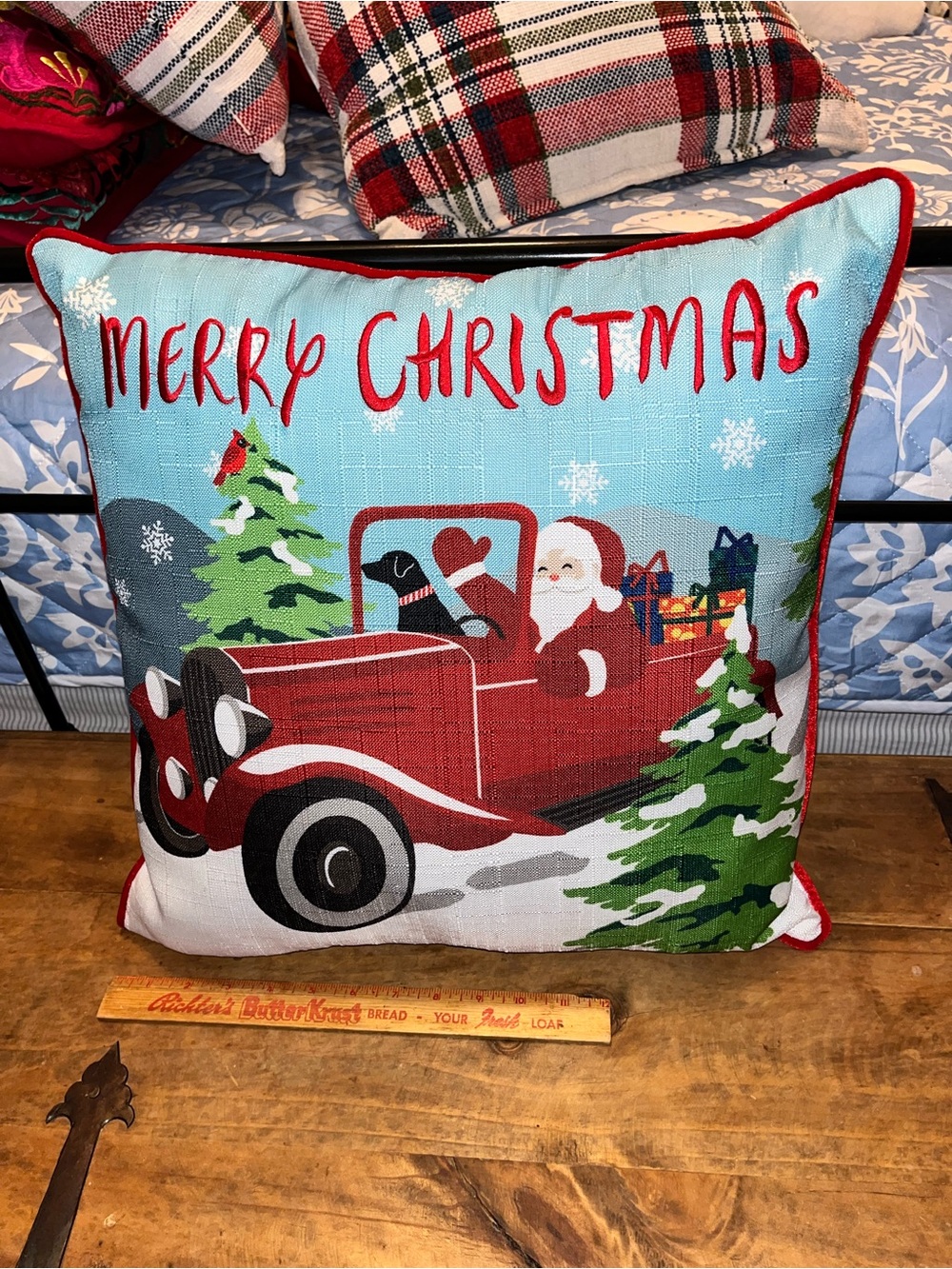 Holiday Merry Christmas Santa Truck Decorative Pillow - Red & Light Blue